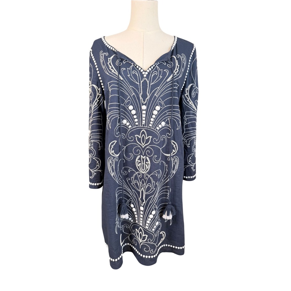 Sundance Navy Blue Beaded Embroidered Cotton Tassel Tunic Dress S Boho 3/4 Slv